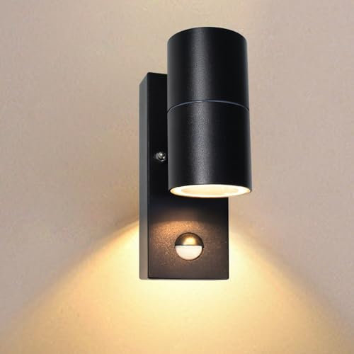 Wondlumi Outdoor Wall Lights PIR Motion Sensor, Outside Lights Mains Powered 240V IP44 Black Down Wall Lamp, Incl. 1x 5W LED GU10 Bulbs Warm White