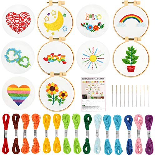 Pllieay 10 Teiliges Stickerei Set für Kinder inklusive Anleitung (evtl. nicht in deutscher Sprache), Muster, Stickgarn, Stickrahmen,Nadel
