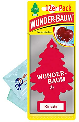 12 Stück Kirsche Wunder-Baum Lufterfrischer Duftbaum inkl. 1 x Glasreinigungstuch von SP Großhandel Gratiszugabe (Kirsche)