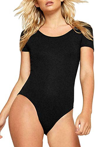 BIWTUP Ladies Short Sleeve Stretchy Womens Casual Scoop Neck Plain Bodysuit Leotard Top (Black, UK 12-14)