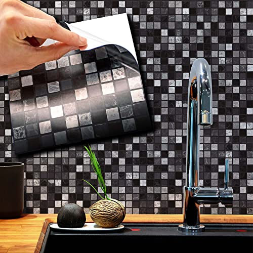 WALPLUS 72 Stück 15x15cm Marquina Metallic Schwarz und Weiß Marmor Mosaik Black Aluminium Folie Wandfliesen Aufkleber Abziehen und Kleben Backsplash Abziehbilder Startseite Dekore Aufkantung für Küche