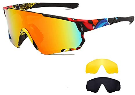 Long Keeper Cycling Glasses with 3 Interchangeable Lenses Polarised Sport Sunglasses Anti-UV400 Windproof Cycling MTB Goggles for Men Women (Colour Frames-Red)