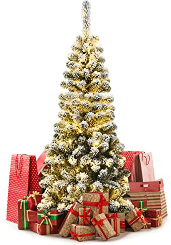 GIANTEX Albero di Natale Stretto e Alto Slim 140/180/225 cm, con 150/250/350 Luci Incorporate, Albero Innevato Romantico, Supporto in Ferro, Rami Spessi, Effetto Realistico
