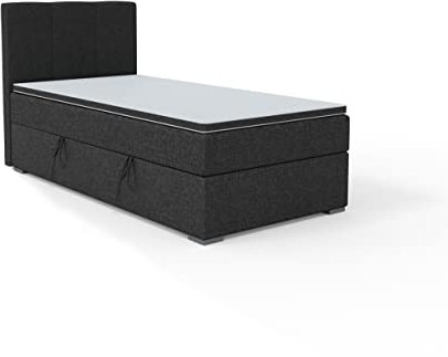 FEDVE Boxspringbett 90x200 Schwarz – Gandia Mini – Praktisches Bett mit Bettkasten Rechts – Gemütlich Kopfteil Bett mit Matratze – Einzelbett zum Schlafzimmer