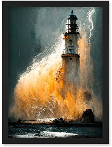 Doppelganger33 LTD Lighthouse Storm French Coastline Lightning Hurricane Artwork Framed Wall Art Print A4