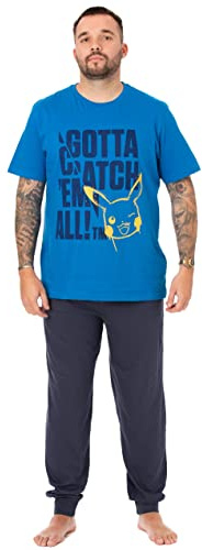 Pokemon Pikachu Mens Pyjamas | Adults Blue Loungewer Pants and T-Shirt Gaming PJ Set | Gotta Catch Em All Short Sleeve Tee Long Leg Bottoms Pajama Bundle | Cartoon Nightwear Merchandise Gift for Him