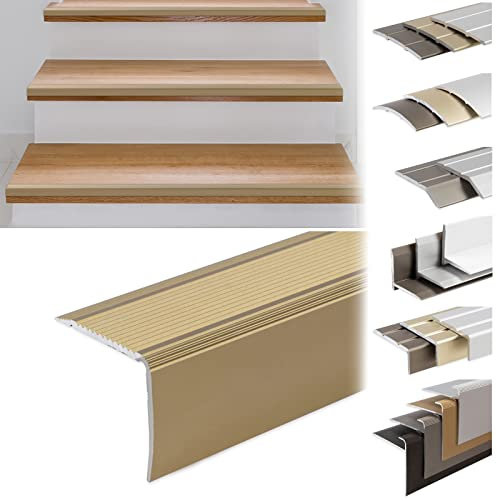 KARAT Perfil de borde de escalera en forma de L de aluminio, 1 pieza, 134 x 3 x 2 cm, autoadhesivo, dorado para parqué y laminado, incluye material de montaje, perfil de borde de escalón en 3