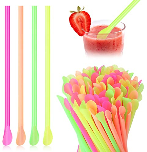 Eaasty 1000 Pcs Snow Cone Spoon Straws, Flexible Plastic Flexible Disposable Drinking Straws, Disposable Plastic Sip Stir Sticks (Yellow,Green,Orange,Rose Red)
