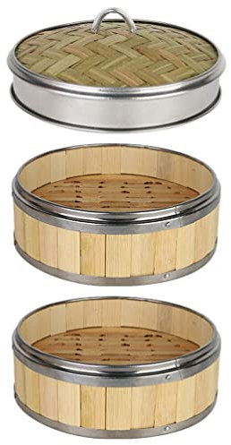 Healeved Bamboo Steamer Basket 2 Tier Chinese Food Steamer with Lid Asian Traditional Dumpling Steaming Rack Cookware for Cooking Vegetables Meat Fish Rice Dim Sum Buns 25cm