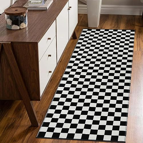 Seavish Karierter Teppich, Flurläufer, waschbarer Indoor- und Outdoor-Läufer, Schachbrett-Design, wendbarer Teppich für Schlafzimmer, Bad, Waschküche, Küche, Schwarz-Weiß, 60 x 180 cm