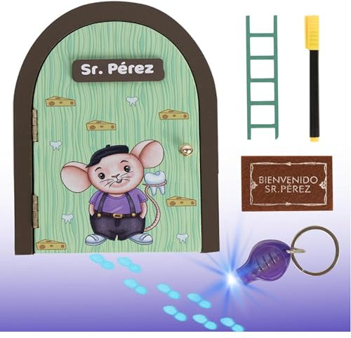 GreatDreams® Kit Ratoncito Perez Magico - Puerta que Abre y Brilla en la Oscuridad - Puerta Ratoncito Pérez con Rastreador de Huellas - Casita Ratoncito Perez Caja Dientes - Puerta Magica de Madera