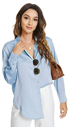 Atnlewhi Damen Bluse Langarm Knöpfen Satin Seide Hemden Basic Kent Kragen Arbeit Büro Formelle Casual Blusen Shirt - Hellblau - S