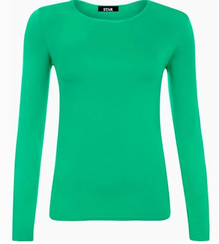 Womens Ladies Long Sleeve Stretch Plain Scoop Neck T Shirt Top Assorted 8-26 (Jade Green, 10)
