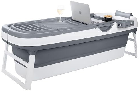 HelloBath® Baignoire Pliable Adulte - XXL, 157 x 60 x 48 cm - Avec Bouchons De Vidange, Tuyau De Vidange Et Rouleaux De Massage - Piscine Hors Sol Pour Ice Bath Et Bain Chaud (Cool Grey)
