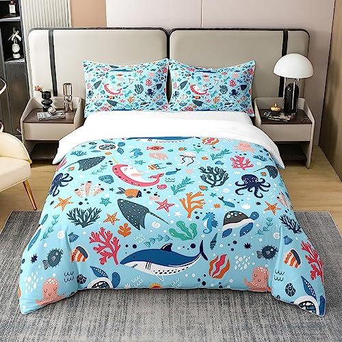Unterwasser Welt 100% Baumwolle Bettbezug 135x200,Netter Delphin Hai Tröster Abdeckung für Kinder,Bunte Meeresleben Bettwäsche Set,Tintenfisch Quallen Teufel Fisch Seepferdchen Sealife Bett Set,Blau