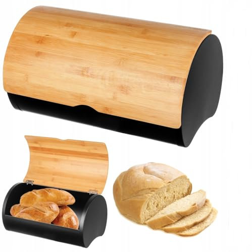 Klauss Brotkasten Metall Brotkasten Schwarz mit Bambus Deckel Aufbewahrung für Küche