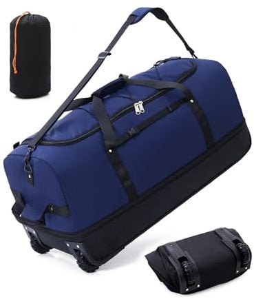 Vomgomfom Sac de Sport 32 110L Extensible 140L avec 2 Roues en Ligne, Sac de Sport Pliable Extra Large avec Poignées Multiples, Bleu Marine
