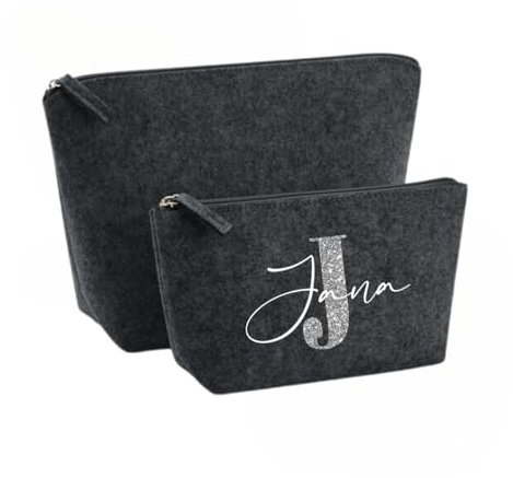 Kosmetiktasche Filz - Schminktasche personalisiert - Geschenkidee - Kulturbeutel - Kosmetikbeutel mit Namen - Filztasche (Dunkelgrau, S)