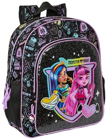 Safta Monster High Schulrucksack für Kinder, anpassbar an den Kinderwagen, ideal für Kinder im Schulalter, bequem und vielseitig, Qualität und Widerstandsfähigkeit, 32 x 12 x 38 cm, Schwarz, Schwarz,