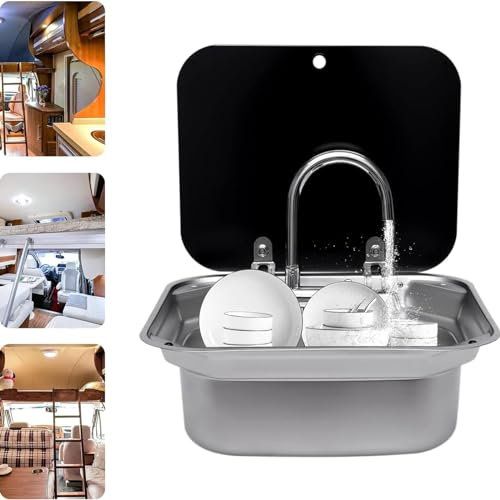 LBMED Évier Caravane pour Camping-Car,évierlavabo en Acier Inoxydable pour Bateau avec Robinet Chaud/Froid Rotatif À 360° Et Couvercle Rabattable Enverre,drainagerapide Et Moinssusceptible Se Boucher