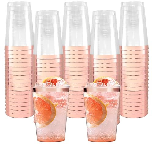 Lot de 60 gobelets en plastique avec bord doré rose, 350 ml, réutilisables, élégants, pour fête, anniversaire, mariage, cocktail, boisson (11,1 x 7,4 cm)