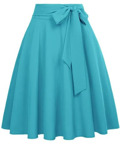 Damen-Sommerrock in A-Linie mit hoher Taille und Schleifenverzierung und knielangem Rock – Blaugrün – L