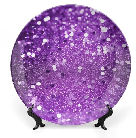 BTCOWZRV Glitzernder lila Glitzer, Keramik-Dekoteller, Knochenporzellan, dekorative Teller mit Präsentationsständer, Speiseteller, Kunsthandwerk Keramikornamente für Wandbehang, Dekoration