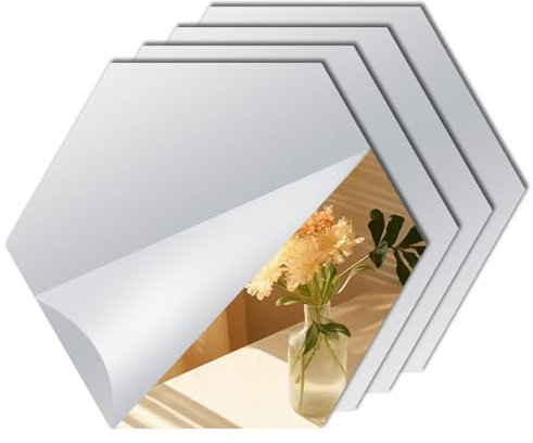 Decoroom Mirror Stickers 20x20cm/4pcs Self Adhesive,Acrylic 2mm Thick Hexagon Mirror Tiles,Stick on Walls Bathroom Bedroom Doors DIY Home Decor