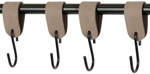 Handles and More - 4 x S Haken für Kleiderstangen - Taupe - Größe L - für max. Durchmesser 49mm - Kleiderhaken mit Lederschlaufe - Garderobenhaken aus echtem Leder - Fleischerhaken für Garderobe