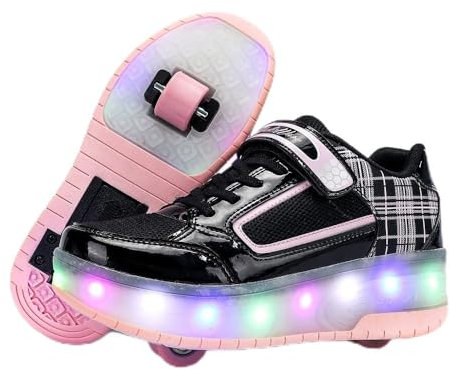 Jungen Mädchen Automatisch 2 Räder Skateboardschuhe, Rollschuhe für Kinder Schuhe Mit Doppelt Rollen, Outdoor Fitnessschuhe Sneakers, Schwarz-Rosa, 31 EU