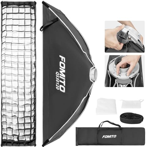 FOMITO Softbox rettangolare, 30 x 120 cm, Softbox Bowens a sgancio rapido con griglia a nido d'ape, diffusori di luce, borsa per Godox SL-60W SL60IID SL150R SL300R Aputure 120d ecc