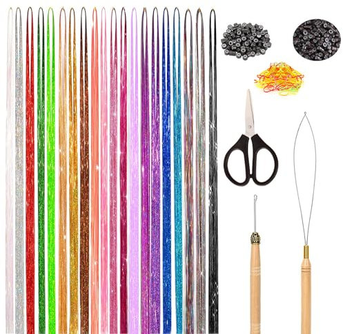 VEGCOO Haar Lametta,20 Farbe Glitzer Haarsträhnen mit Werkzeug Glänzendes Haar Bündel Passend für Frauen Haar Spiel Party