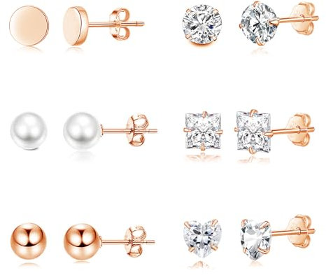 Cangall Ohrstecker Silber 925, 925 Sterling Silber Damen Ohrstecker Set, Hypoallergen Ohrringe Set Rose Gold, Quadratisch Herz Rund Zirkonia Ohrstecker Kugel Flach Perlen Ohrringe Stecker Rose Gold
