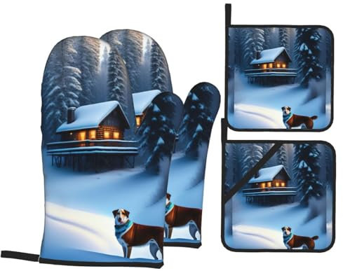 XZDCAL 4-teiliges Holzhaus und Hund im Schnee Küchen-Backset: hitzebeständige Handschuhe & Topflappen ist ein Muss für jeden Kochbegeisterten, Schwarz