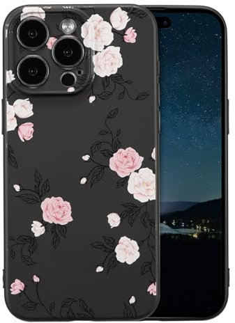 XIZYO Rose Flower Case for iPhone 14 Pro Max, Cute Pink Rose Floral Pattern Liquid Silicone Aesthetic Phone Case, for Girls Women Luxury Soft Ultra Slim Shockproof Protective Cover, Black