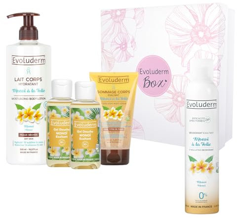 EVOLUDERM – Coffret Bain Femme - Soins Corps - Monoï de Tahiti - 4 Produits + Déo OFFERT - d'Origine Naturelle - Idée Cadeau - Coffret cadeau de Noël – Anniversaire - Fête des Mères (Flower)