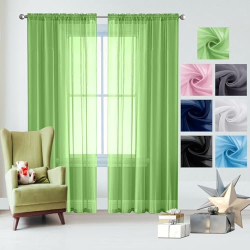 GAIFNAG Ösenvorhang Transparent 120 x 120 cm Transparent Wohnzimmer Luftig Dekoschal, Waschbar, Kürzbar Modern Schlaufenschal, Balkontür Gardine für Hotels Büros Wohnzimmer, Zart Grün