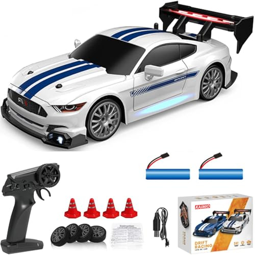 KAIMIO 1:24 Scale RC Drift Car 4WD 2.4GHz 30KM/H High Speed Racing Sport Toy Car with LED Lights, Racing and Drift Wheels (8602-Weiß)