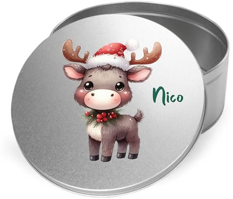 GRAZDesign Personalisierte Keksdose Weihnachten mit Elch Motiv und Name, Geschenkidee für Kinder, runde Plätzchendose aus Metall, Weihnachtsdeko mit Tiermotiv