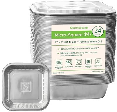 7 Square Aluminum Pans +Lids | 34oz, 7x2 | 3X Thick, Reusable | Microwave, Oven, Air Fryer, and Grill Safe | Ideal for Camping, Lunch Box, and Meal Prep | For Pasta, Lasagna, Mac and Cheese (24)