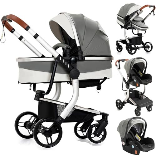 Doraystar PU-Leder Kinderwagen 3 in 1, Kombikinderwagen 3 in 1 mit Zwei Umkehrbaren Schiebemodi, Kinderwagen Set mit Ein-Klick-Faltdesign, Kinderwagen Komplettset Rahmen Aluminiumlegierung (518 Grey)