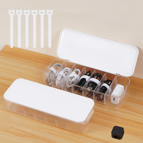 Asonen 2 PCS Cable Storage Box with Wire Ties and Magnetic Cable Clips | Cable Organizer Box Desktop Cord Management Box with Dividers and Lid for Home Office Storage – White