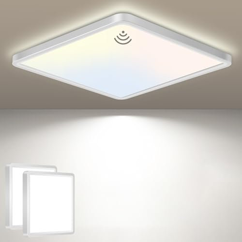 slochi 2 Stück LED Deckenleuchte mit Bewegungsmelder Innen Radar, 3Farben - 3000K/4000K/6500K, 18W Lampe mit Bewegungssensor, 22cm Sensor Flach Deckenlampe für Flur Wand Treppe Küche Balkon, Weiß