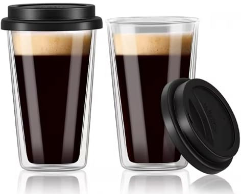 Panlouting 2 Pack | Tasses à Café Verre avec Couvercle Silicone 360