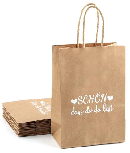 10 Stück klein Dankeschön Papiertüten mit Henkel, 21 × 15 × 8 cm Kraftpapier Mitgebsel Tüten, Geschenktüten für Dankeschön Geschenke, Party Hochzeit Geburtstag Einschulung Taufe Konfirmation