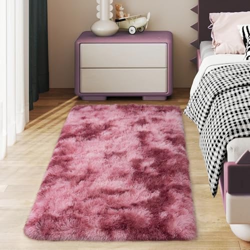 Ailyei Tapis de couloir doux pour chambre à coucher, couloir, 61 x 112 cm, rose poudré, tapis pelucheux antidérapant pour chevet et dortoir, tapis en fourrure à poils longs pour chambre d'enfant