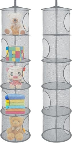 UOSIWYA 2 PCS Hanging Toy Storage, Teddy Storage 5 Tier Compartment Hanging Hammock Foldable Mesh Storage Bag for Organizer Clothes Sundries (Grey)