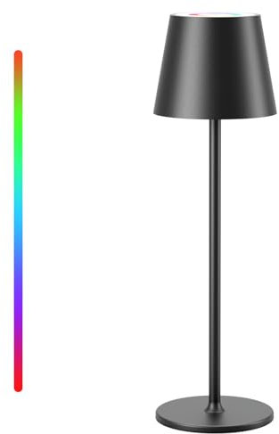 Qsky Tischlampe Kabellos Dimmbare LED Akku Tischleuchte, Wiederaufladbar Warme Lichtfarbe 3000K+RGB Aluminium Outdoor Tischlampe wasserdicht für Restaurant,Schlafzimmer,Bar,IP54 (Schwarz 1 Stück)