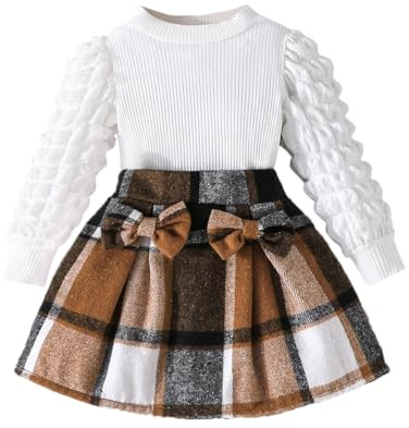 Ensemble Jupe Set pour Bébé Fille Haut Top et Carreaux Jupe Vêtements Tenue | 3 Pièces Elegante Girls Robes Manches Longues Automne et Hiver Pour Fête,Noël,Tenue Anniversaire 1 an