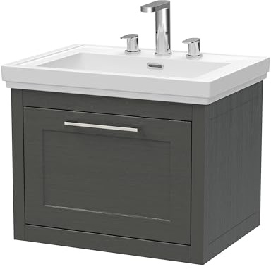 Balterley Vanity Unit with Basin Wall Hung, Single Drawer Soft Close with 3 Tap Hole Rectangular Sink and Handle, Bathroom Vanity Units, Traditional Sink Cabinet - 630 x 471 x 515mm (Dark Grey)